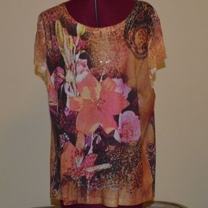Chico's 3 Short Lace Sleeves Coral Floral Leopard